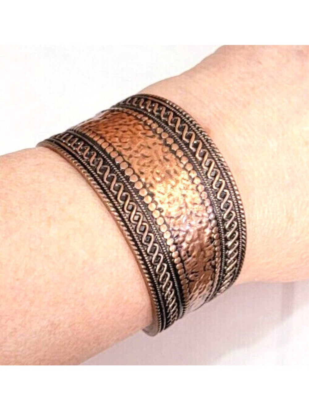 Wide Cuff Bracelet, Tribal Copper-tone Textured Boho Statement Jewelry cfb‎